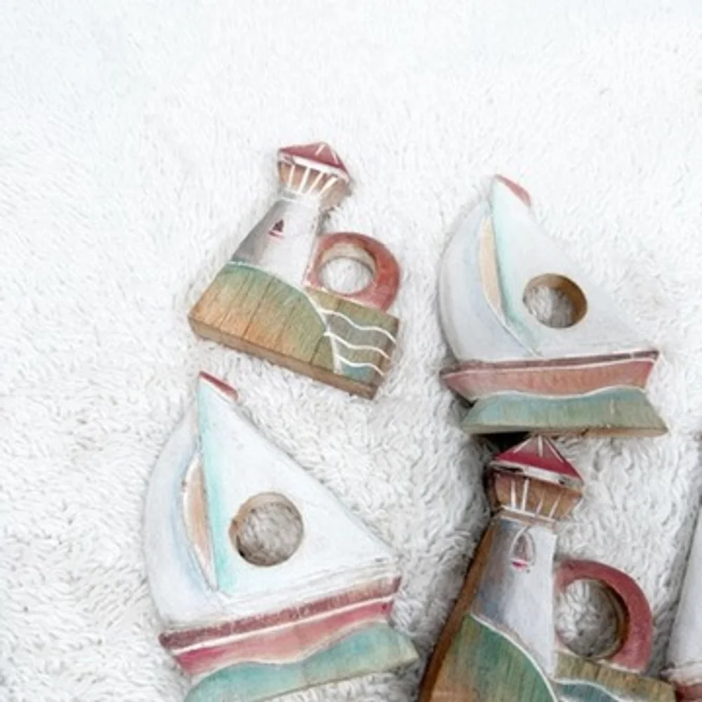 Cottage Nautical 8 Wooden Napkin Rings Sailboat Lighthouse Beach Table Decor